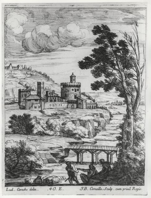 Courtauld Institute of Art — Corneille Jean Baptiste - sec. XVII - Paesaggio fluviale con borgo e pastori — insieme